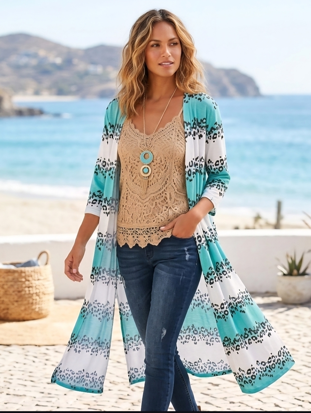 Honeyme Curvy Cardigan Mint Leopard Print Open Front Crepe Pockets Roll Tab XXXL